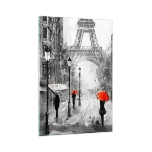 Cuadro sobre vidrio - Impresiones sobre Vidrio - Una calle con vistas a la Torre Eiffel y sombrillas rojas. - 80x120cm - Todos los caminos conducen a ella - Decoración de pared moderna para salón y dormitorio ARTTOR