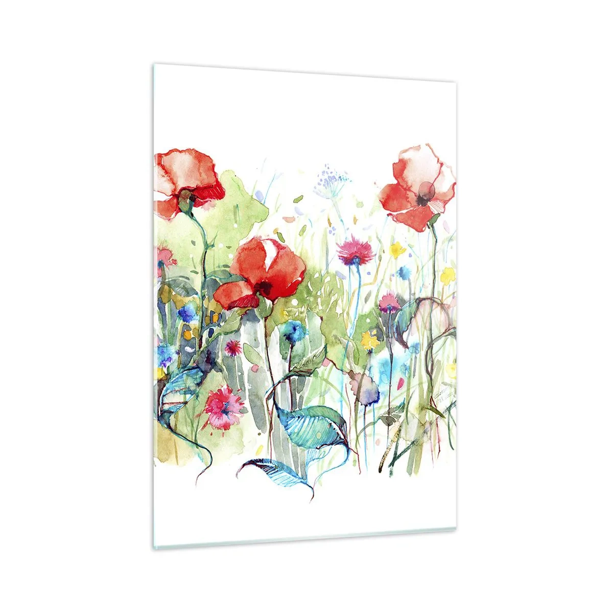 Cuadro sobre vidrio - Impresiones sobre Vidrio - Amapolas coloridas y flores silvestres en estilo acuarela. - 50x70cm - Un prado en flor en mayo - Decoración de pared moderna para salón y dormitorio ARTTOR
