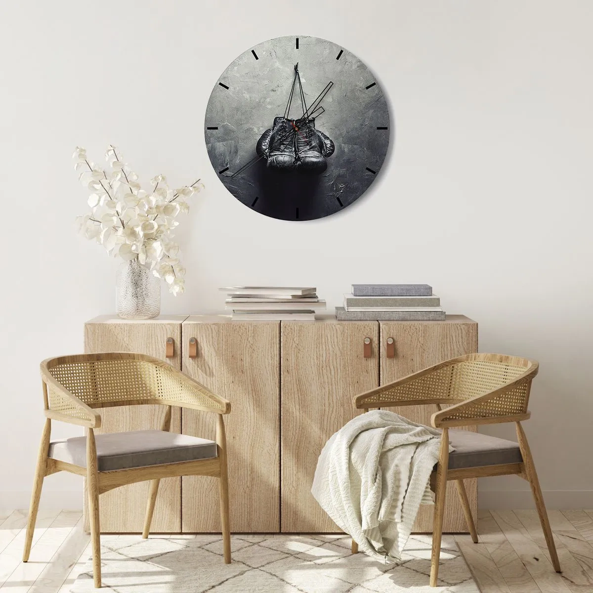 Reloj de pared - Reloj de vidrio - Guantes de boxeo negros sobre fondo gris - 30x30cm - Tiempo de lucha y tiempo de paz - Decoración de pared moderna para salón, cocina y dormitorio ARTTOR