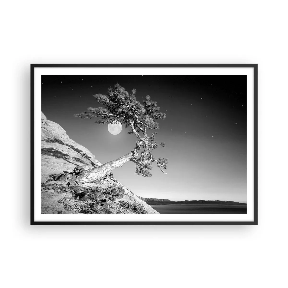 Póster en marco negro - Árbol en blanco y negro en un acantilado con la luna al fondo - 100x70cm - Un guerrero victorioso - Decoración de pared moderna para salón y dormitorio ARTTOR