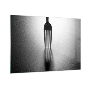 Cuadro sobre vidrio - Impresiones sobre Vidrio - Un tenedor que proyecta una sombra en una composición minimalista en blanco y negro. - 100x70cm - Luz y sombra - Decoración de pared moderna para salón y dormitorio ARTTOR