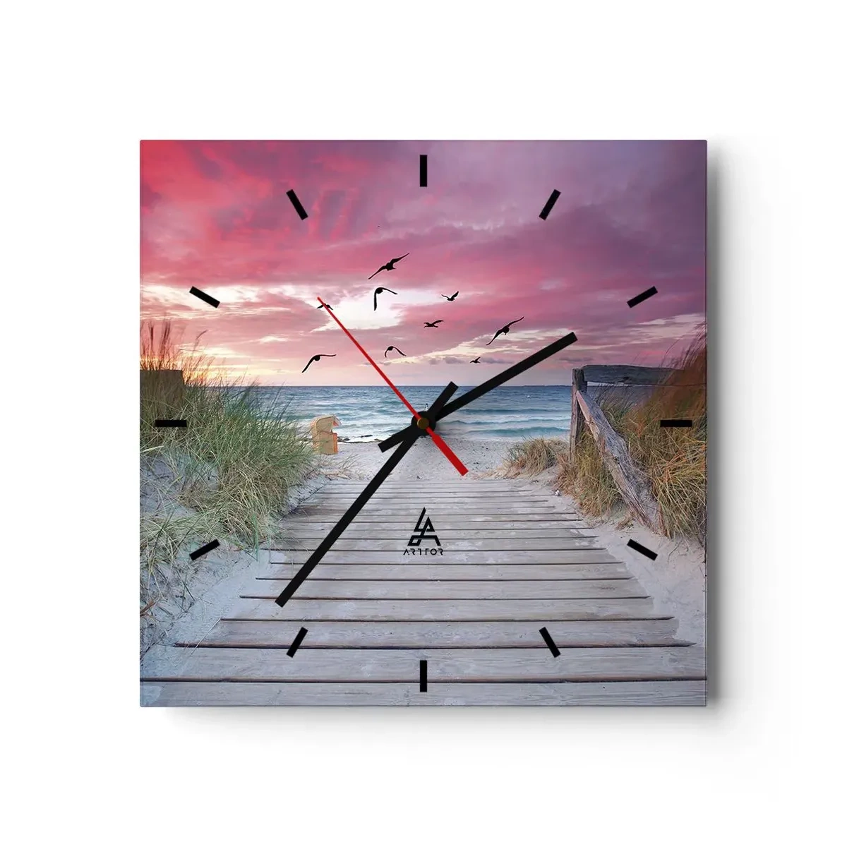 Reloj de pared - Reloj de vidrio - Camino de madera en la playa al atardecer rosa - 30x30cm - Impresión del Báltico - Decoración de pared moderna para salón y dormitorio ARTTOR