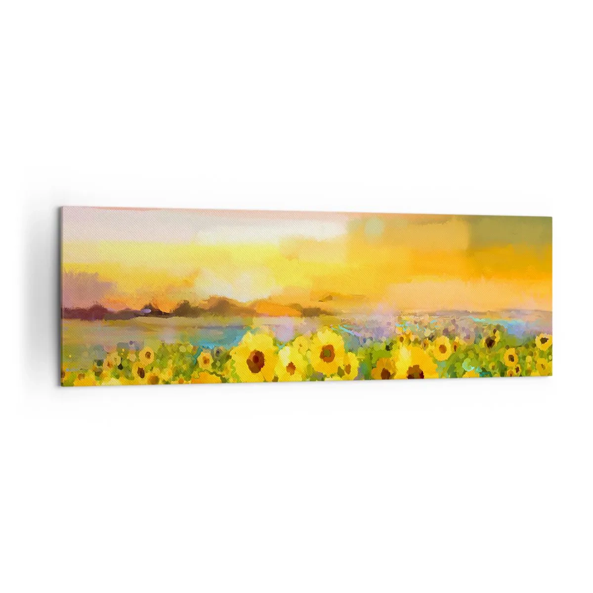 Cuadro sobre lienzo - Impresión de Imagen - Un campo de girasoles a la luz del sol poniente. - 160x50cm - El propio sol ha bajado a la Tierra - Decoración de pared moderna para salón y dormitorio ARTTOR