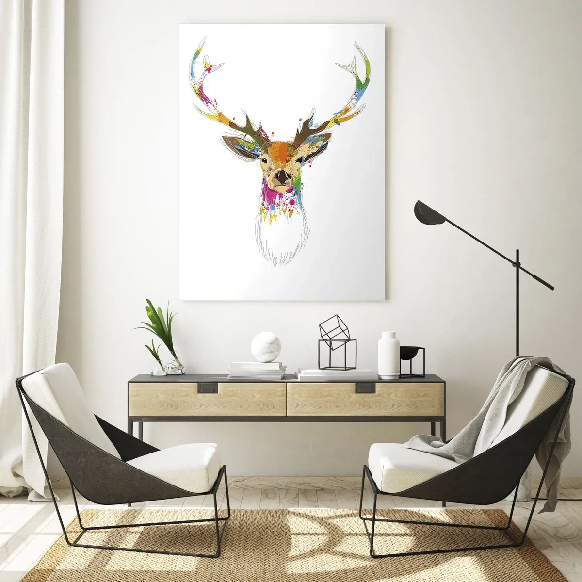 Cuadro sobre vidrio - Impresiones sobre Vidrio - Silueta colorida de un ciervo sobre un fondo blanco en un estilo abstracto - 50x70cm - Un suave ciervo bañado en color - Decoración de pared moderna para salón y dormitorio ARTTOR