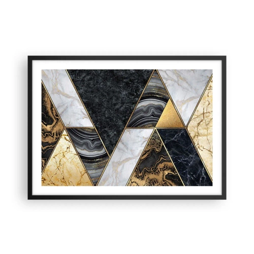 Póster en marco negro - Triángulos geométricos en dorado, mármol y tonos oscuros. - 70x50cm - Collage de piedras - Decoración de pared moderna para salón y dormitorio ARTTOR