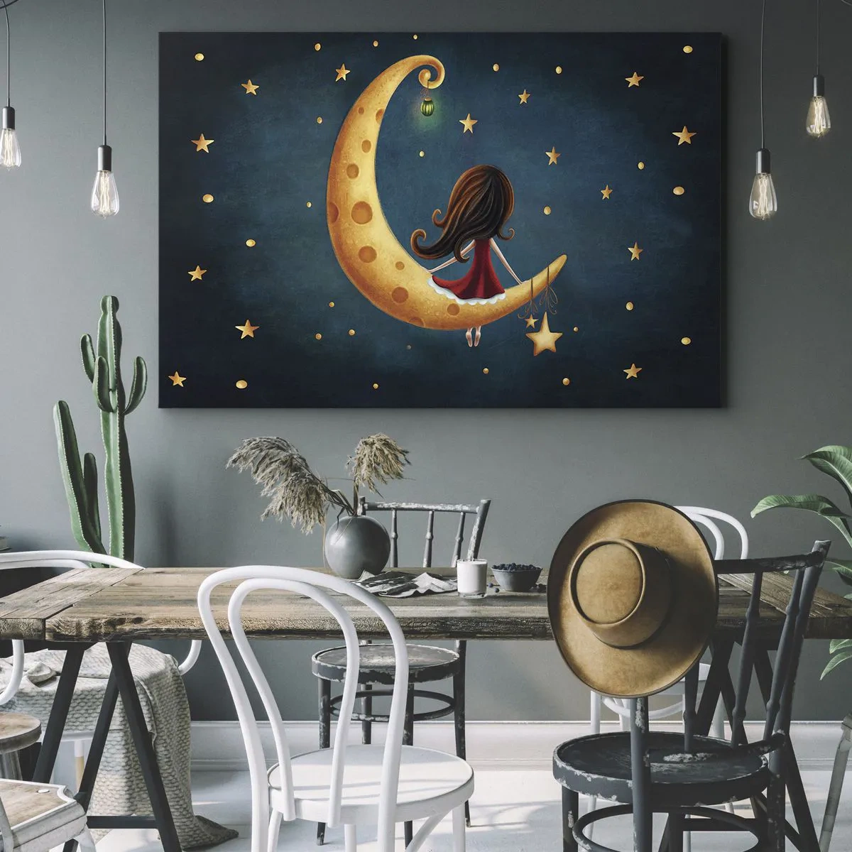 Cuadro sobre lienzo - Impresión de Imagen - Una niña en la luna rodeada de estrellas. - 100x70cm - Érase una vez... - Decoración de pared moderna para salón y dormitorio ARTTOR