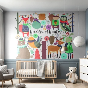 Fotomural Premium Canvas - Una Navidad de cuento en el bosque - Para niños, invierno en el bosque, animales - 500x350 cm