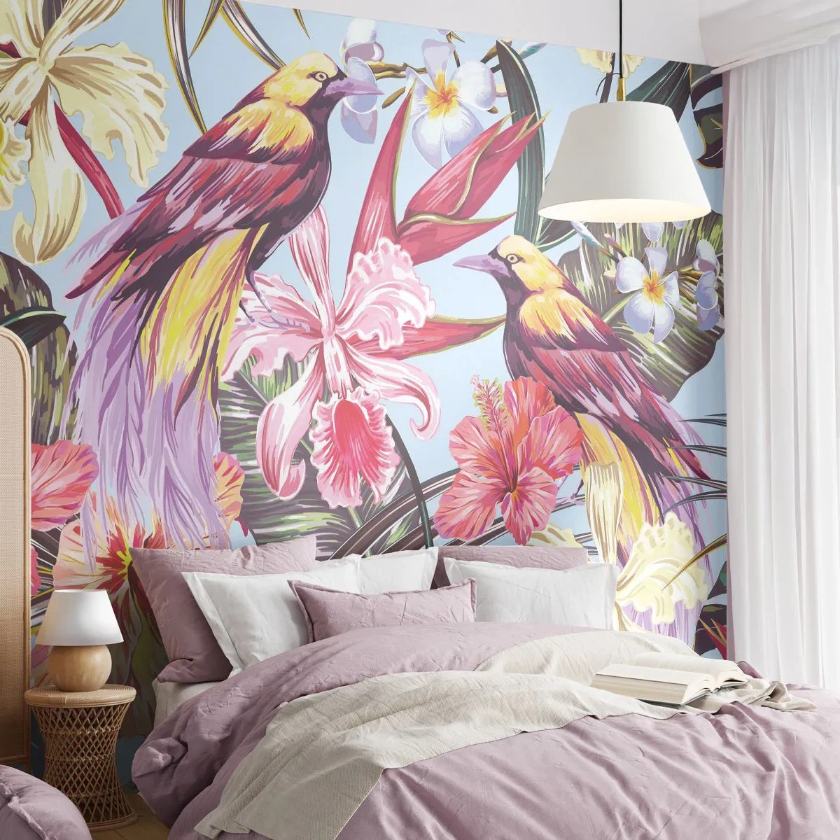 Fotomural Premium Canvas - Pétalos y plumas - Pájaro, flores, Jardín - 450x315 cm