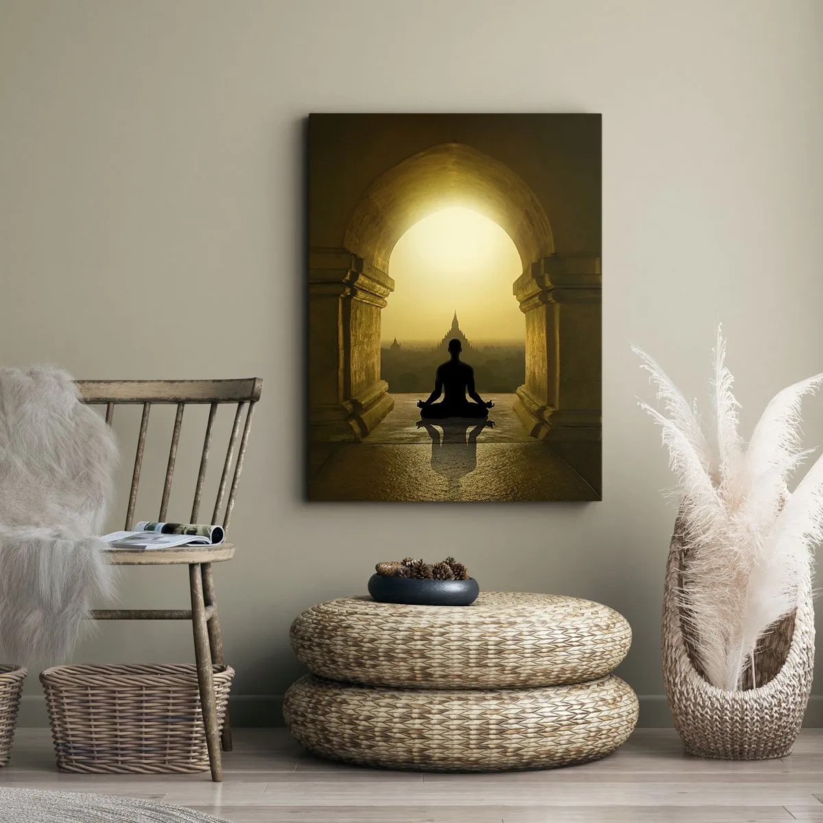 Cuadro sobre lienzo - Impresión de Imagen - Silueta de una persona meditando a la luz del sol poniente. - 50x70cm - Armonía total - Decoración de pared moderna para salón y dormitorio ARTTOR