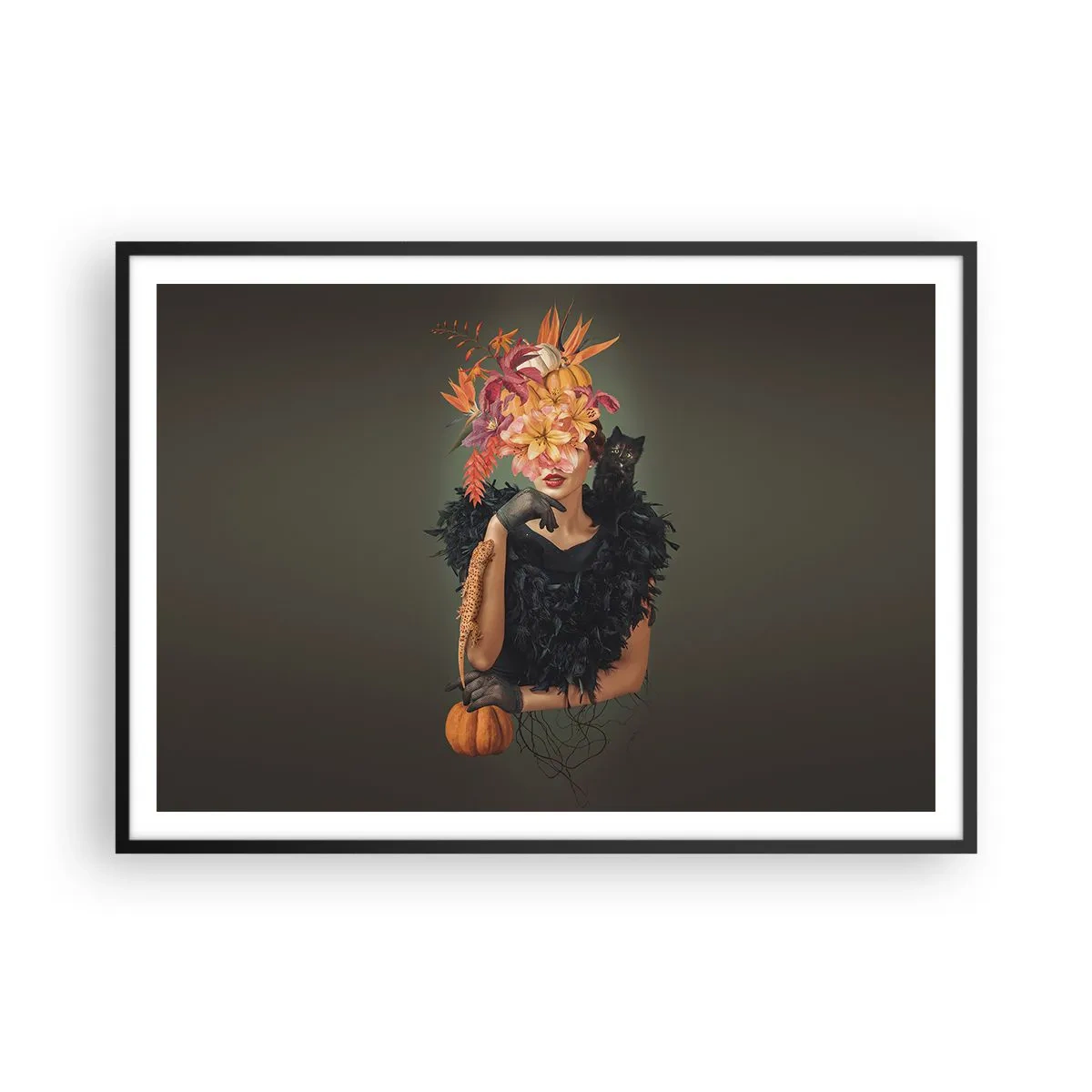 Póster en marco negro - Retrato de una mujer con motivos otoñales y un gato. - 100x70cm - Hechizo de bruja - Decoración de pared moderna para salón y dormitorio ARTTOR