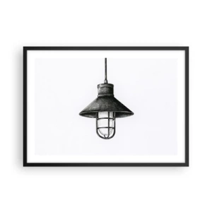 Póster en marco negro - Dibujo de una lámpara colgante retro sobre fondo blanco. - 70x50cm - Como hace años... - Decoración de pared moderna para salón y dormitorio ARTTOR