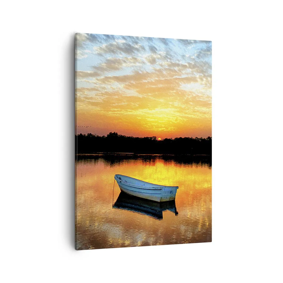 Cuadro sobre lienzo - Impresión de Imagen - Un barco en un lago tranquilo durante la puesta de sol. - 50x70cm - Mirar, escuchar, meditar - Decoración de pared moderna para salón y dormitorio ARTTOR