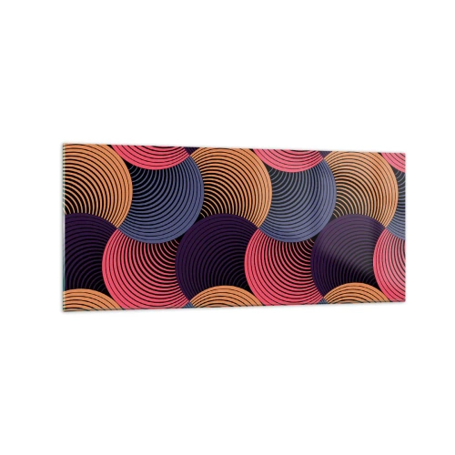 Cuadro sobre vidrio - Impresiones sobre Vidrio - Círculos geométricos en tonos rosa, morado y dorado. - 120x50cm - En un ritmo circular - Decoración de pared moderna para salón y dormitorio ARTTOR