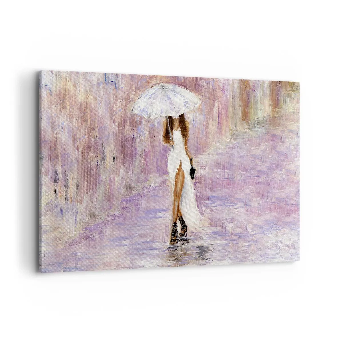 Cuadro sobre lienzo - Impresión de Imagen - Una mujer con paraguas caminando bajo la lluvia en tonos lilas - 100x70cm - En la lluvia de lilas - Decoración de pared moderna para salón y dormitorio ARTTOR