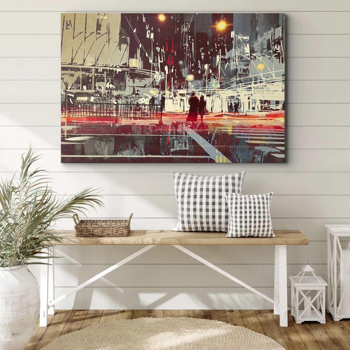 Cuadro sobre lienzo - Impresión de Imagen - Ciudad de noche con luces de neón y siluetas de personas en la calle. - 70x50cm - Una travesía metropolitana - Decoración de pared moderna para salón y dormitorio ARTTOR