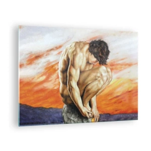Cuadro sobre vidrio - Impresiones sobre Vidrio - Un cuerpo humano desnudo contra un cielo naranja intenso. - 70x50cm - Sumergido en sí mismo - Decoración de pared moderna para salón y dormitorio ARTTOR