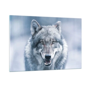 Cuadro sobre vidrio - Impresiones sobre Vidrio - Un lobo con una mirada penetrante sobre el fondo de un bosque nevado. - 120x80cm - ¿Aceptarás el reto? - Decoración de pared moderna para salón y dormitorio ARTTOR