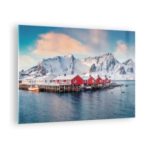 Cuadro sobre vidrio - Impresiones sobre Vidrio - Cabañas de pescadores rojas en el fiordo con montañas al fondo - 70x50cm - Un retiro en el norte - Decoración de pared moderna para salón y dormitorio ARTTOR