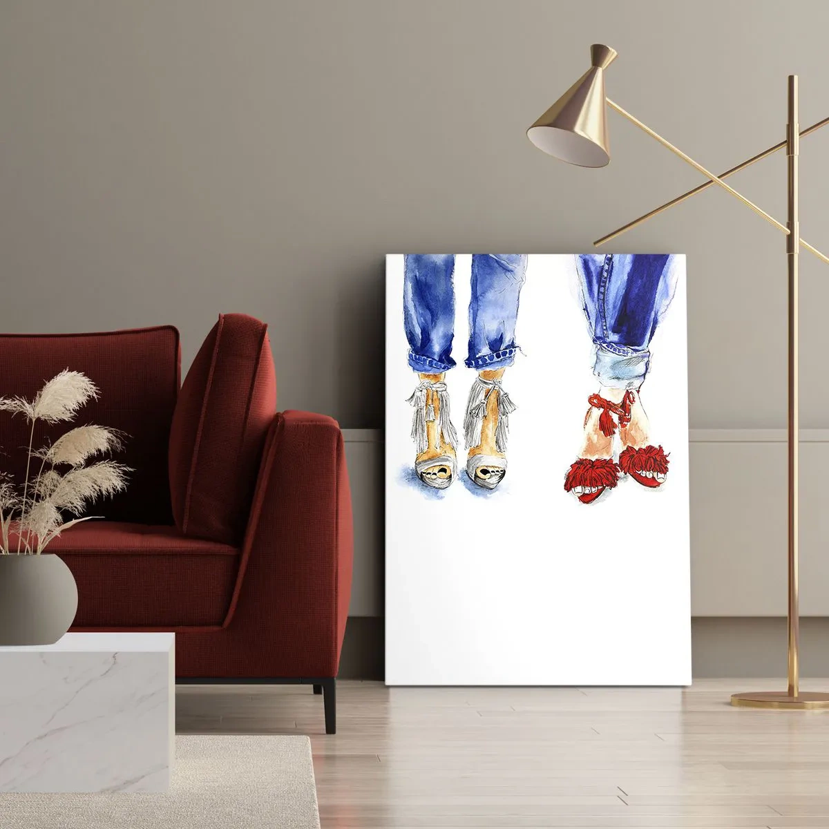 Cuadro sobre lienzo - Impresión de Imagen - Ilustración de dos pares de zapatos con elegantes sandalias y jeans. - 50x70cm - ¿Por qué no vamos a dar un paseo? - Decoración de pared moderna para salón y dormitorio ARTTOR