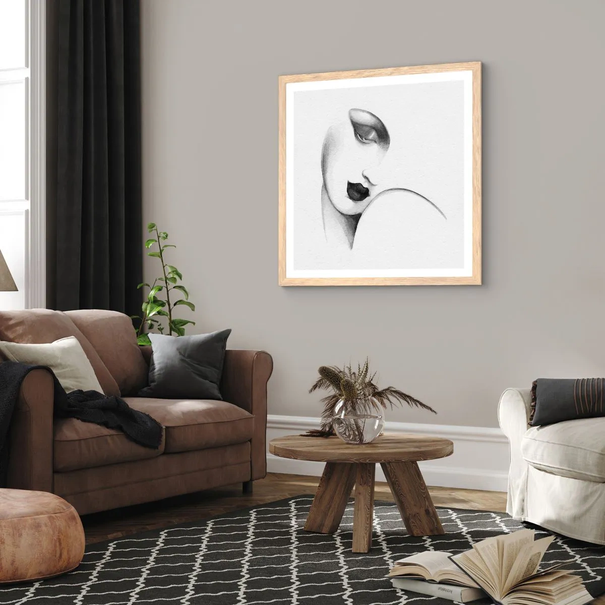 Póster en marco roble claro - Pensativa - 40x40 cm