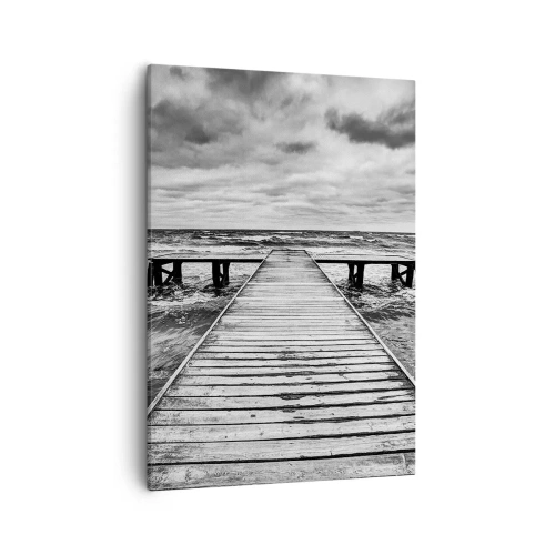Cuadro sobre lienzo - Impresión de Imagen - Una vista en blanco y negro de un embarcadero de madera sobre un mar tempestuoso. - 50x70cm - Estoy esperando que sople el viento... - Decoración de pared moderna para salón y dormitorio ARTTOR