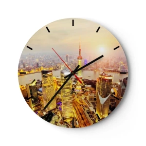 Reloj de pared - Reloj de vidrio - Panorama de la ciudad al atardecer con rascacielos y el río. - 30x30cm - Sueño asiático - Decoración de pared moderna para salón, cocina y dormitorio ARTTOR