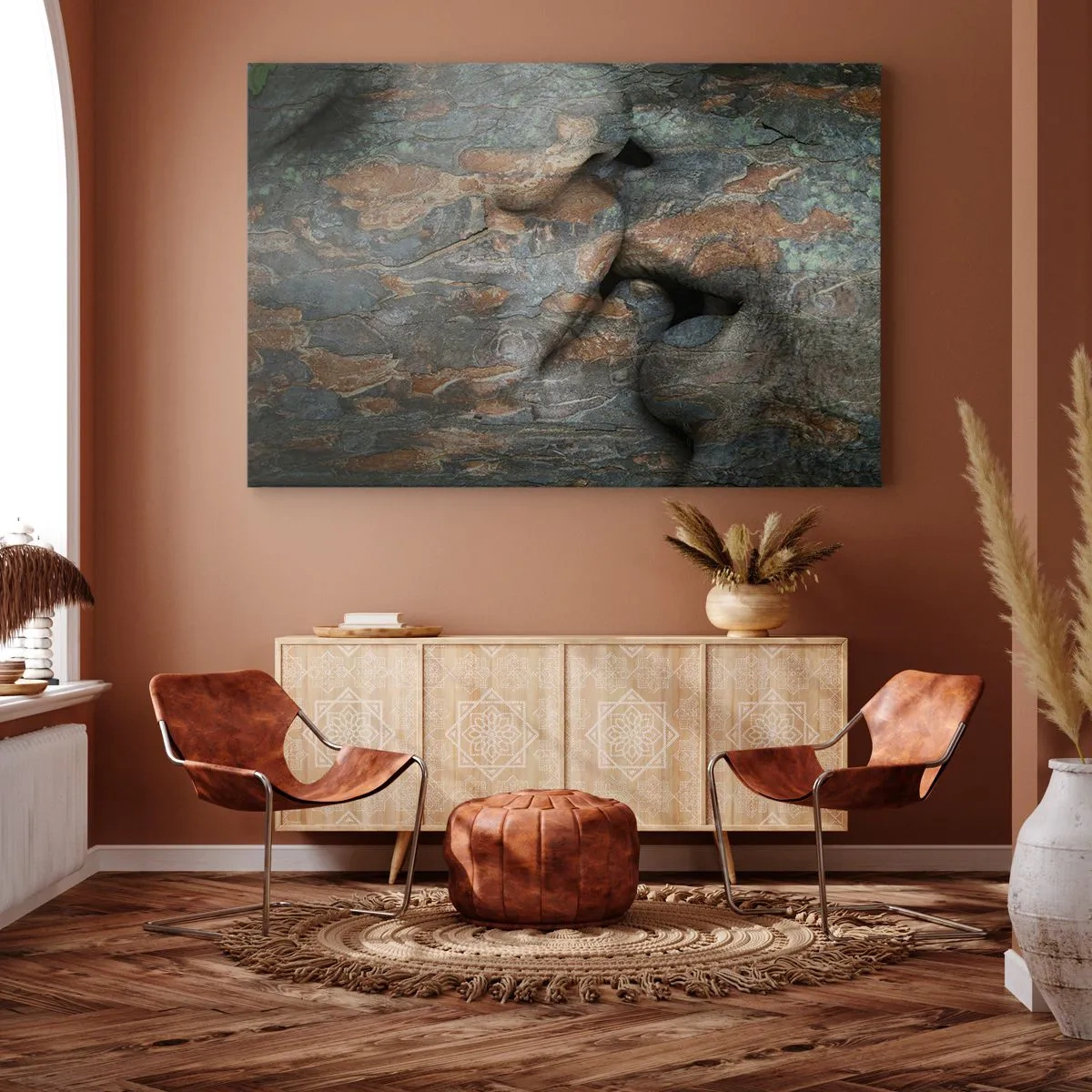 Cuadro sobre lienzo - Impresión de Imagen - Un motivo artístico de un rostro tallado en roca con efecto de textura natural. - 120x80cm - Juntos para siempre - Decoración de pared moderna para salón y dormitorio ARTTOR