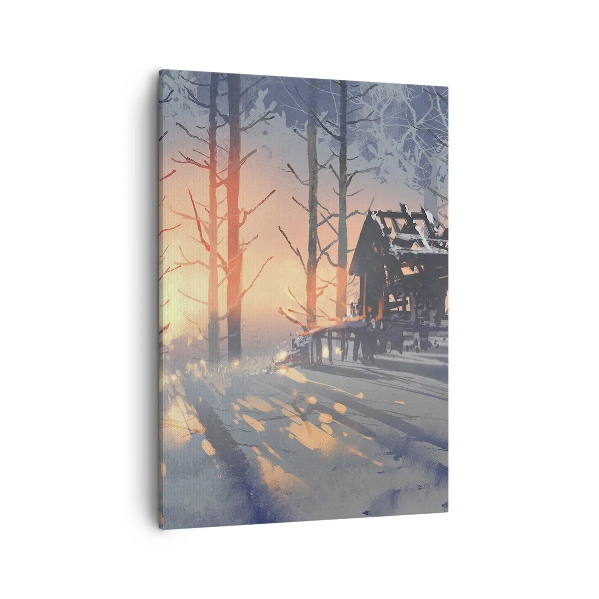 Cuadro sobre lienzo - Impresión de Imagen - Una cabaña forestal en un paisaje invernal con los rayos del sol poniente. - 50x70cm - Solo el sol es testigo - Decoración de pared moderna para salón y dormitorio ARTTOR