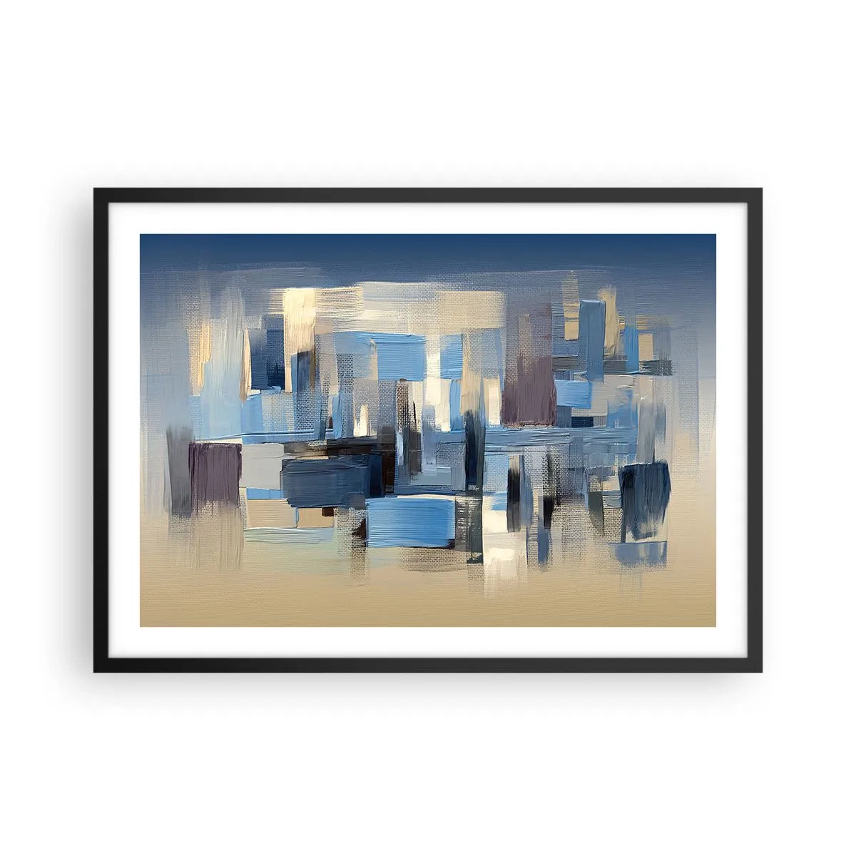 Póster en marco negro - Formas geométricas en tonos azules y beige. - 70x50cm - Construcción azul - Decoración de pared moderna para salón y dormitorio ARTTOR