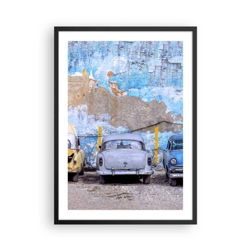 Póster en marco negro - Coches viejos contra una pared azul desgastada - 50x70cm - Reunión de veteranos - Decoración de pared moderna para salón y dormitorio ARTTOR