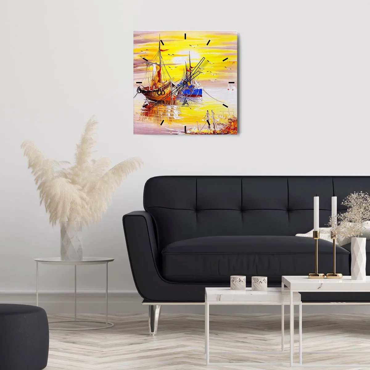 Reloj de pared - Reloj de vidrio - Una escena pictórica de barcos en un mar en calma. - 30x30cm - Un merecido descanso en el puerto - Decoración de pared moderna para salón y dormitorio ARTTOR