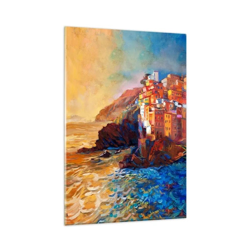 Cuadro sobre vidrio - Impresiones sobre Vidrio - Casas de colores en un acantilado sobre el mar - 80x120cm - Ambiente italiano - Decoración de pared moderna para salón y dormitorio ARTTOR