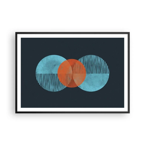 Póster en marco negro - Círculos geométricos en tonos azules y naranjas. - 100x70cm - Composición simétrica - Decoración de pared moderna para salón y dormitorio ARTTOR