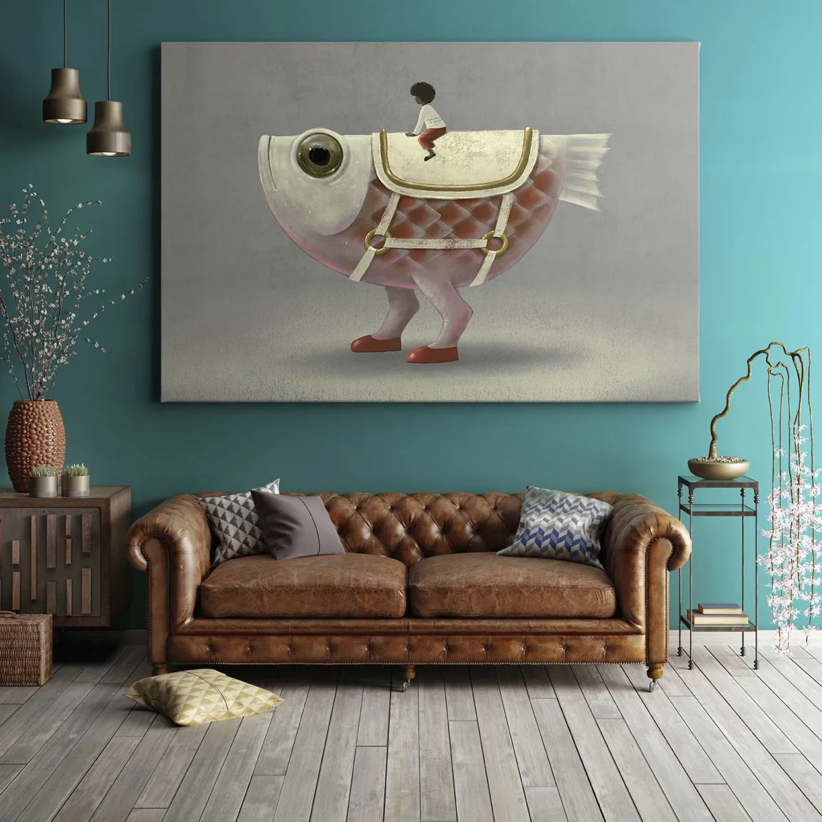 Cuadro sobre lienzo - Impresión de Imagen - Un elegante jinete de pez con piernas y silla de montar. - 120x80cm - Jinete del pescado - Decoración de pared moderna para salón y dormitorio ARTTOR
