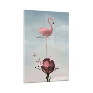 Cuadro sobre vidrio - Impresiones sobre Vidrio - Un flamenco rosado balanceándose sobre una bola de flores. - 80x120cm - Alegoría del baloncesto - Decoración de pared moderna para salón y dormitorio ARTTOR