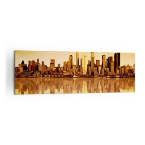 Cuadro sobre lienzo - Impresión de Imagen - Panorama de la ciudad reflejado en el agua al atardecer - 160x50cm - El silencio de la metrópoli - Decoración de pared moderna para salón y dormitorio ARTTOR