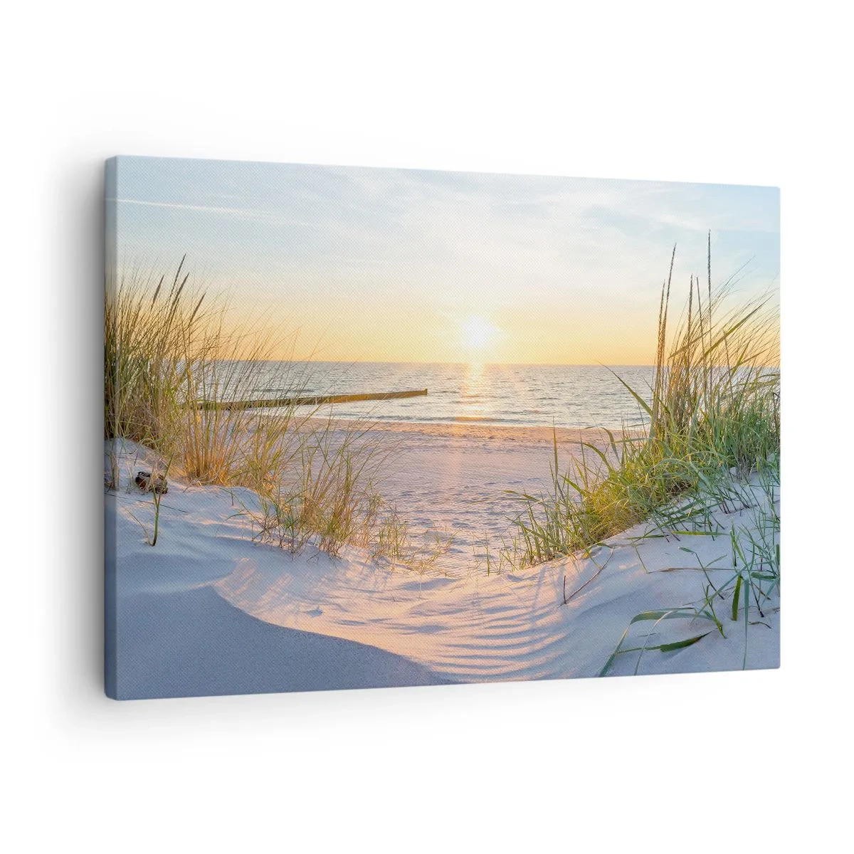 Cuadro sobre lienzo - Impresión de Imagen - Una playa de arena con vistas a la puesta de sol sobre el mar. - 70x50cm - El sonido del mar, el canto de los pájaros, una playa virgen entre las dunas…