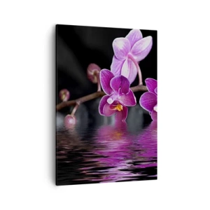 Cuadro sobre lienzo - Impresión de Imagen - Orquídeas moradas sobre aguas tranquilas contra un fondo negro. - 50x70cm - Un reflejo lila de la belleza - Decoración de pared moderna para salón y dormitorio ARTTOR