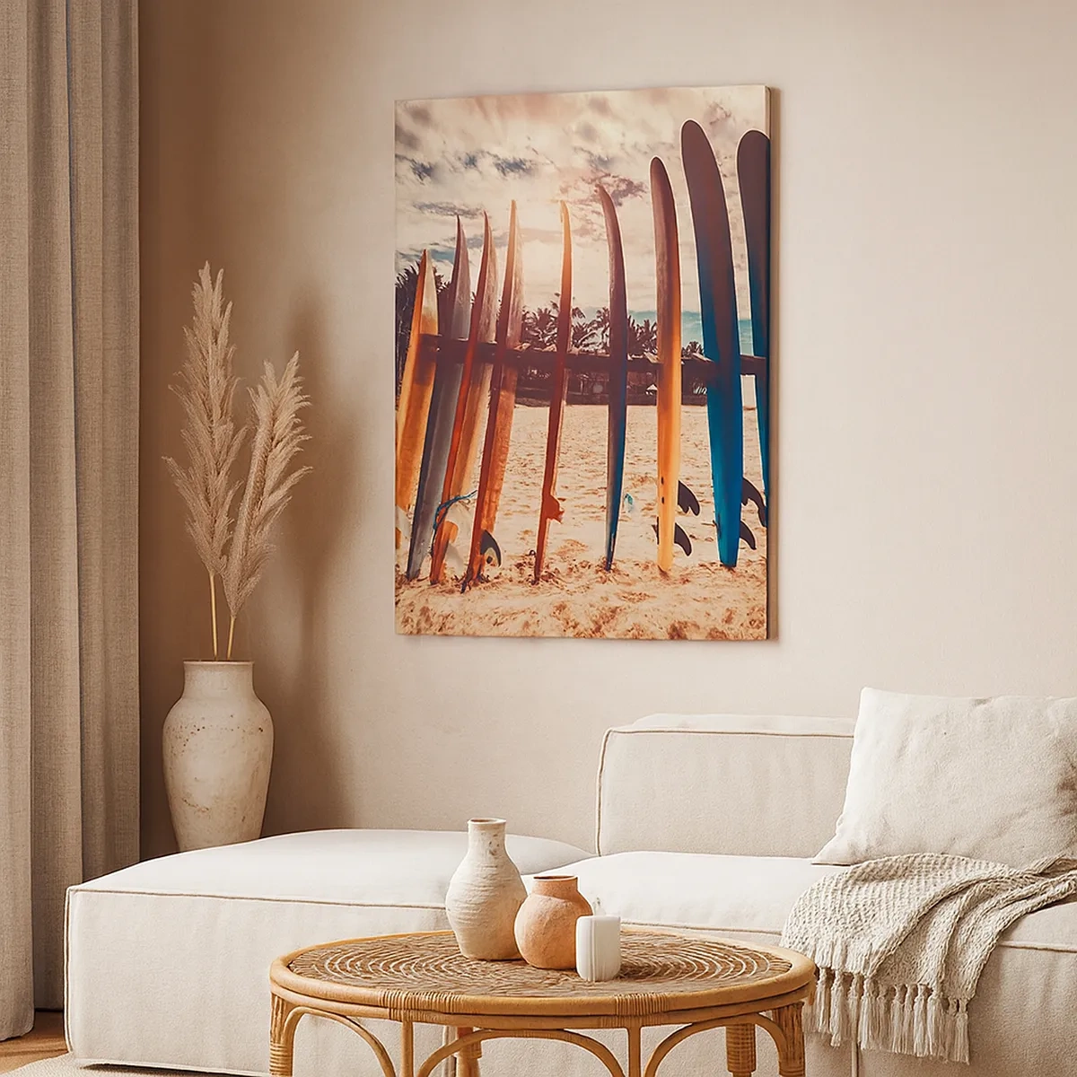 Cuadro sobre lienzo - Impresión de Imagen - Tablas de surf en la playa al atardecer - 50x70cm - Buenas noches, hasta mañana - Decoración de pared moderna para salón y dormitorio ARTTOR