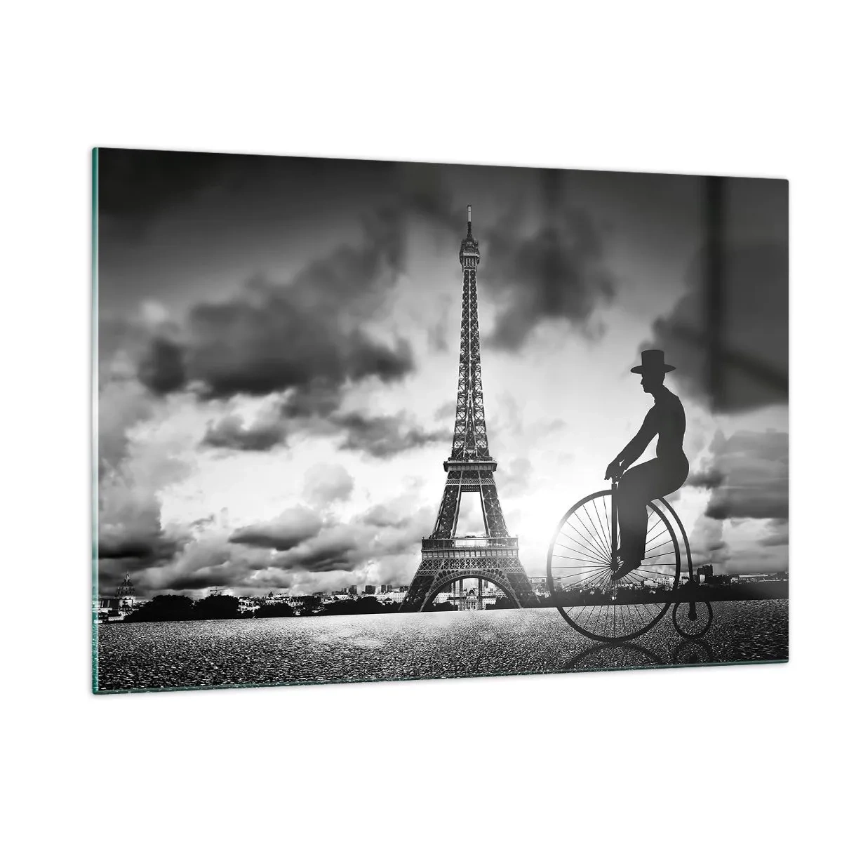 Cuadro sobre vidrio - Impresiones sobre Vidrio - Torre Eiffel con bicicleta retro en blanco y negro - 120x80cm - Añoranza de la Belle Epoque - Decoración de pared moderna para salón y dormitorio ARTTOR