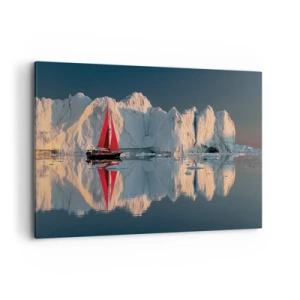 Cuadro sobre lienzo - Impresión de Imagen - Un velero con una vela roja con el fondo de un glaciar. - 100x70cm - En el límite del mundo - Decoración de pared moderna para salón y dormitorio ARTTOR