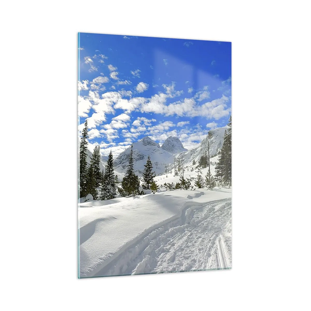 Cuadro sobre vidrio - Impresiones sobre Vidrio - Paisaje invernal de montaña con bosque y cielo azul. - 50x70cm - Nieve y sol - Decoración de pared moderna para salón y dormitorio ARTTOR