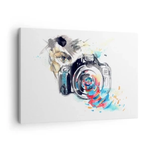 Cuadro sobre lienzo - Impresión de Imagen - Cámara de acuarela con detalles coloridos. - 70x50cm - En el objetivo - Decoración de pared moderna para salón y dormitorio ARTTOR