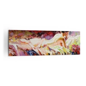 Cuadro sobre lienzo - Impresión de Imagen - Una mujer acostada en una cama sobre un fondo de colores abstractos. - 160x50cm - Una Venus reflexiva - Decoración de pared moderna para salón y dormitorio ARTTOR