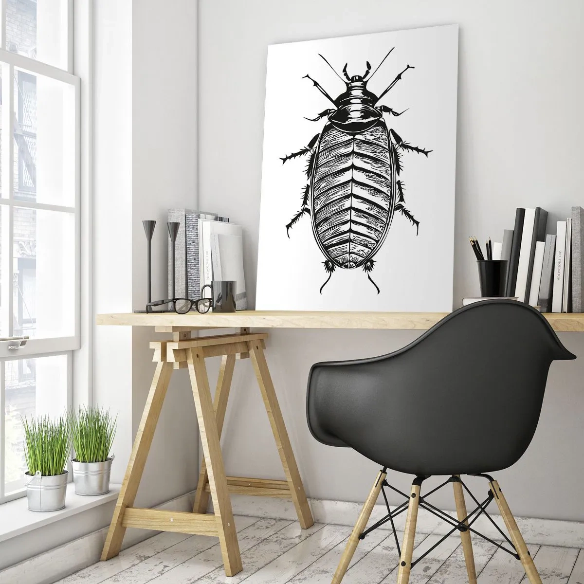 Cuadro sobre vidrio - Impresiones sobre Vidrio - Ilustración en blanco y negro de un insecto sobre un fondo blanco. - 50x70cm - ¡Qué espécimen! - Decoración de pared moderna para salón y dormitorio ARTTOR
