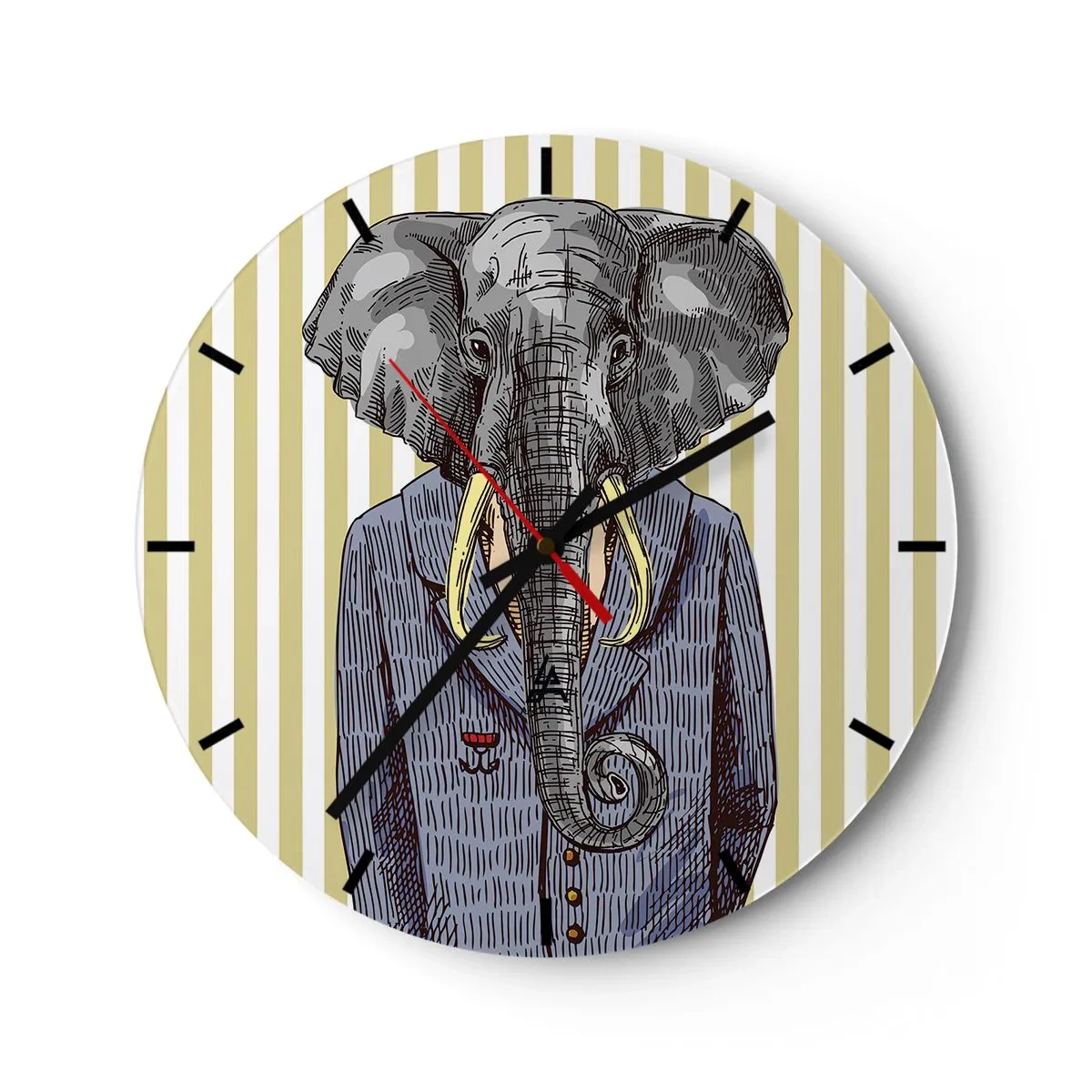 Reloj de pared - Reloj de vidrio - Un elegante dibujo de un elefante con traje sobre un fondo de rayas verticales. - 30x30cm - Elegante por naturaleza - Decoración de pared moderna para salón, cocina y dormitorio ARTTOR
