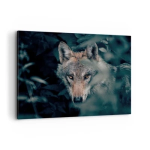 Cuadro sobre lienzo - Impresión de Imagen - Un lobo en su entorno natural, mirando desde las profundidades del bosque. - 100x70cm - Cazador - Decoración de pared moderna para salón y dormitorio ARTTOR