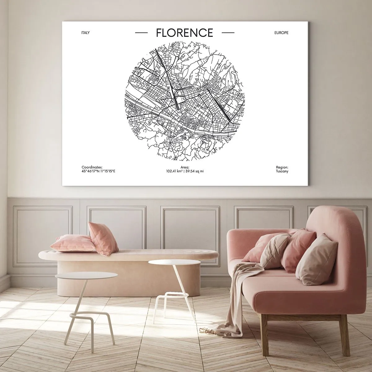 Cuadro sobre vidrio - Impresiones sobre Vidrio - Florencia en forma de mapa estilizado con una red de calles - 70x50cm - Anatomía de Florencia - Decoración de pared moderna para salón y dormitorio ARTTOR