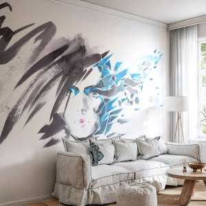 Fotomural Autadhesivo Deluxe Sticker - Un sensual retrato en gris y azul - Mujer, cara de mujer, Abstracción - 250x175 cm