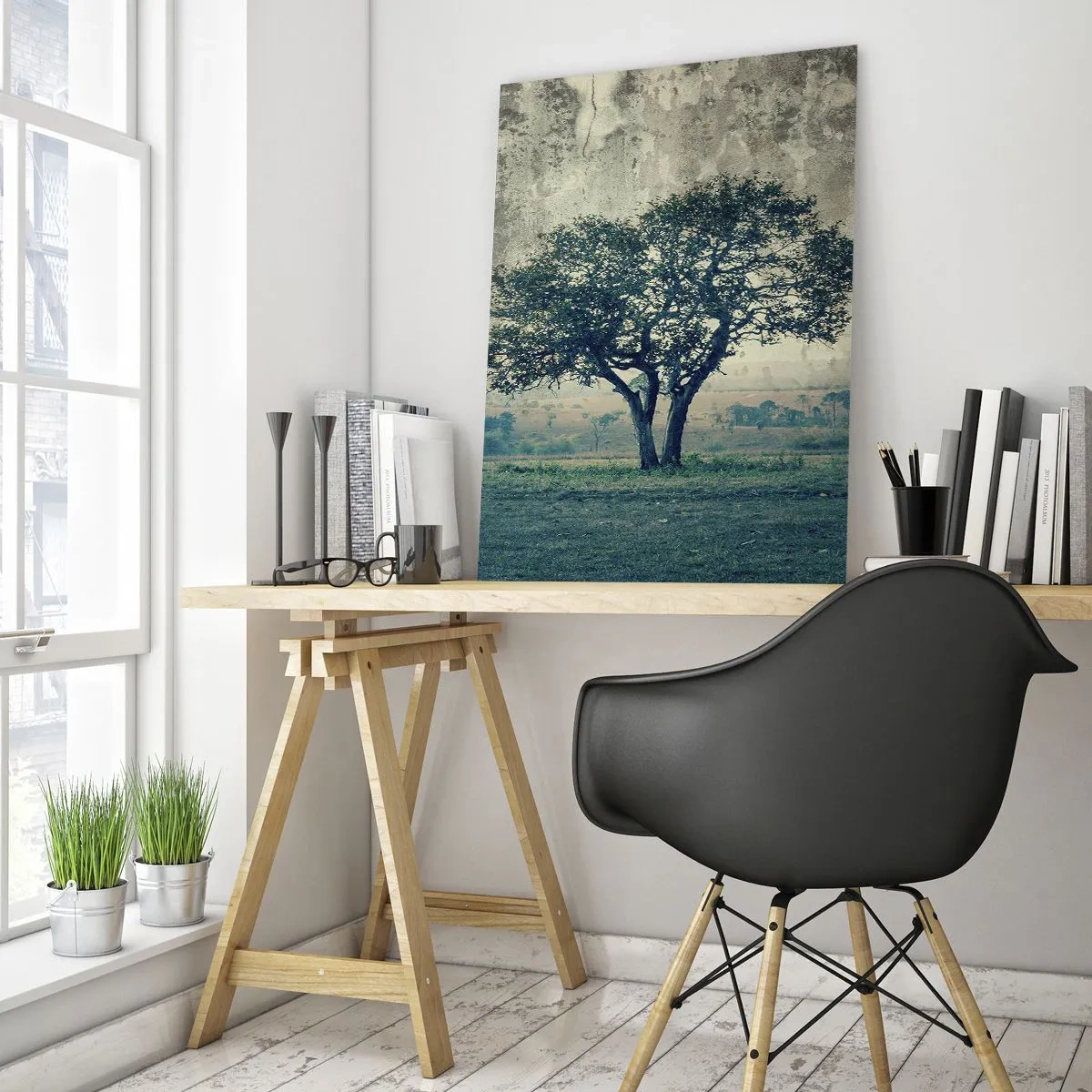 Cuadro sobre vidrio - Impresiones sobre Vidrio - Un árbol solitario contra un paisaje brumoso. - 80x120cm - El manzano - Decoración de pared moderna para salón y dormitorio ARTTOR